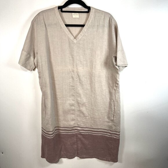 Pou Nou 100% Linen Shirt Dress Women’s Size Large Tan Red Beach Pockets - Picture 1 of 9